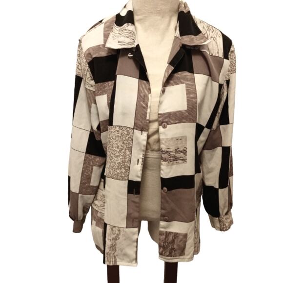 Y2K Silky Blouse Sz 10 Abstract Colorblock Patchwork Geo Button up Office Career - Picture 6 of 13